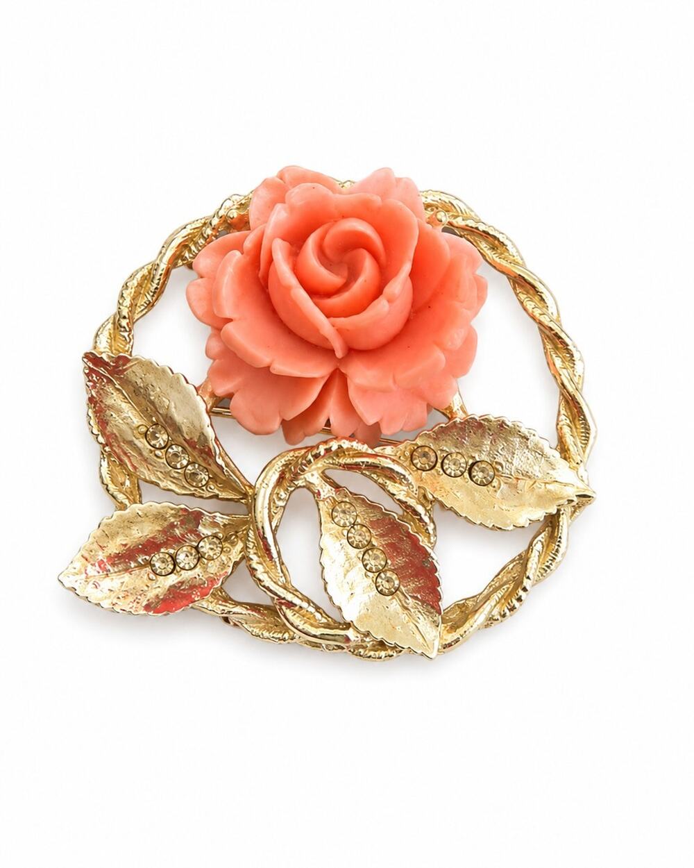 Vintage BSK Signed Gold Tone Faux Coral Celluloid Rose Wreath Brooch Rhinestone